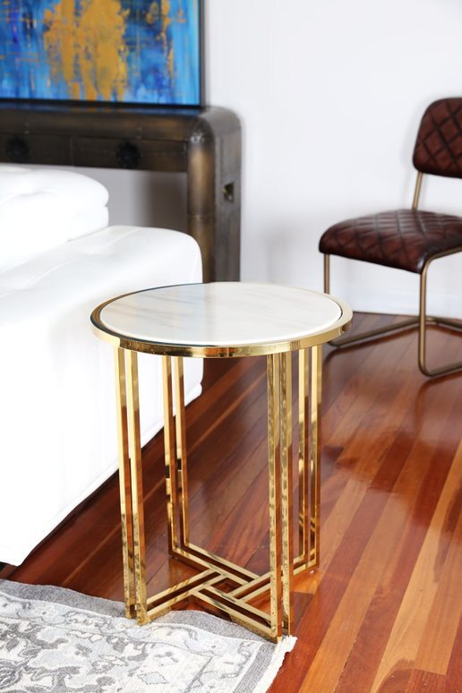 gold and wood end table